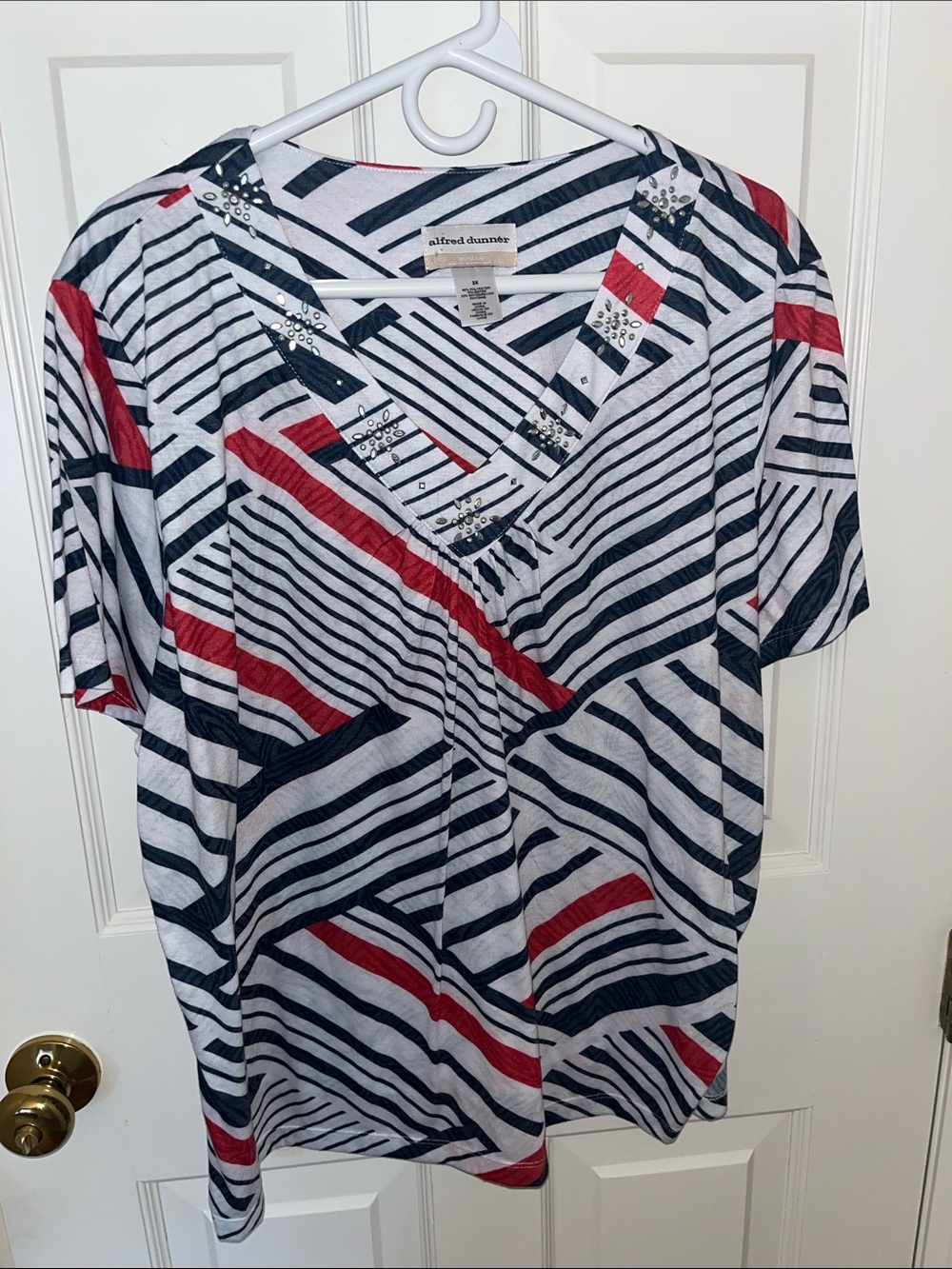 Alfred Dunner Navy, Red, White Striped Embellished V-Neck Top- 3X - July Forth